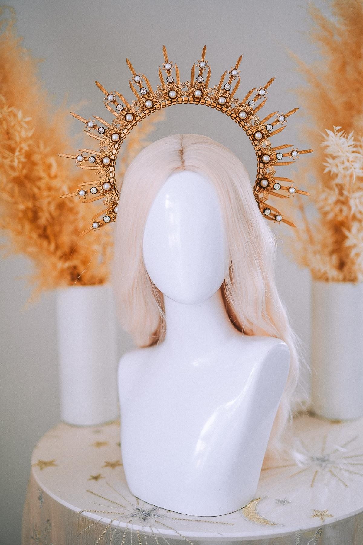 Gold Pearl Halo Crown Goddess Headpiece Celestial Wedding Festival Statement Crown