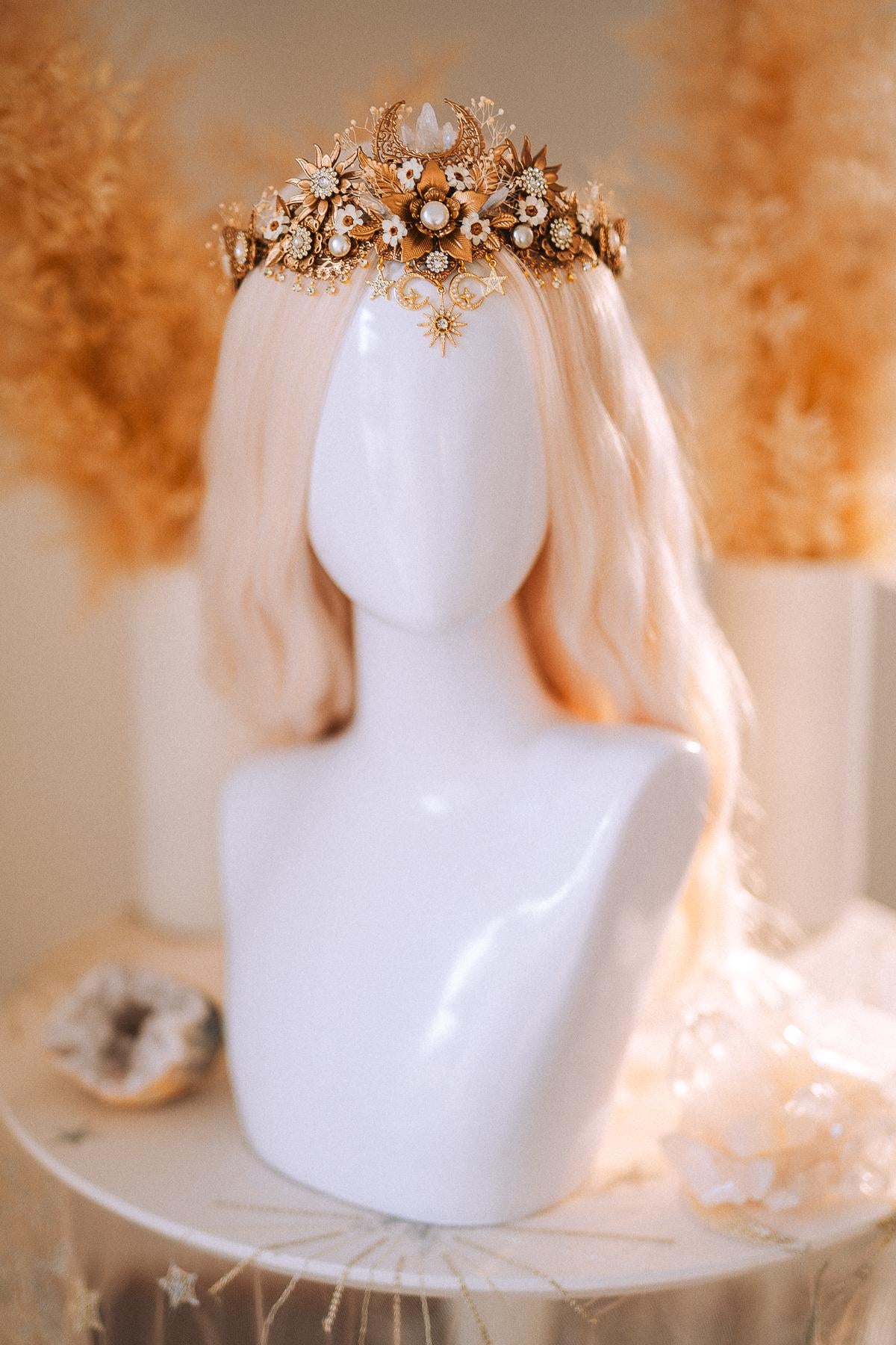 Celestial Boho Bridal Crown Crystal Flower Goddess Headpiece