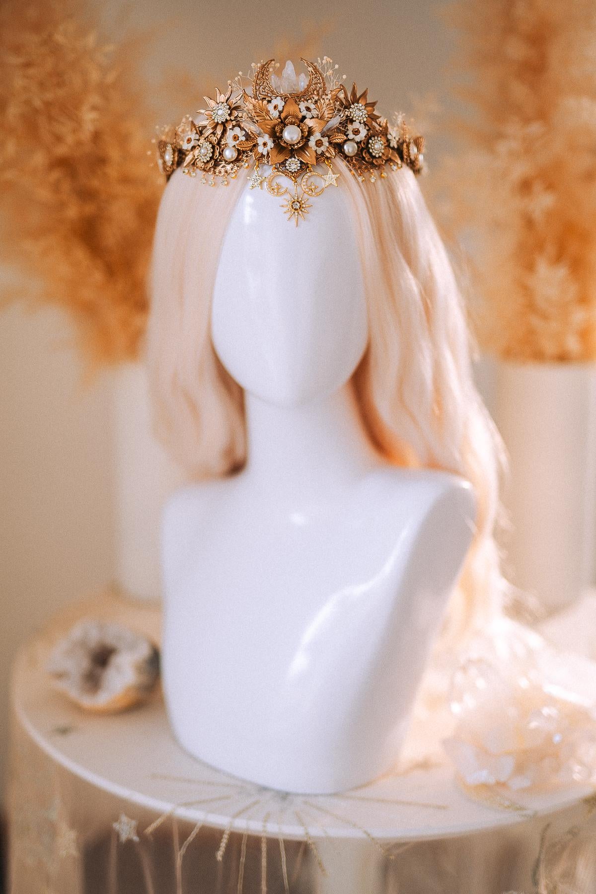 Celestial Boho Bridal Crown Crystal Flower Goddess Headpiece