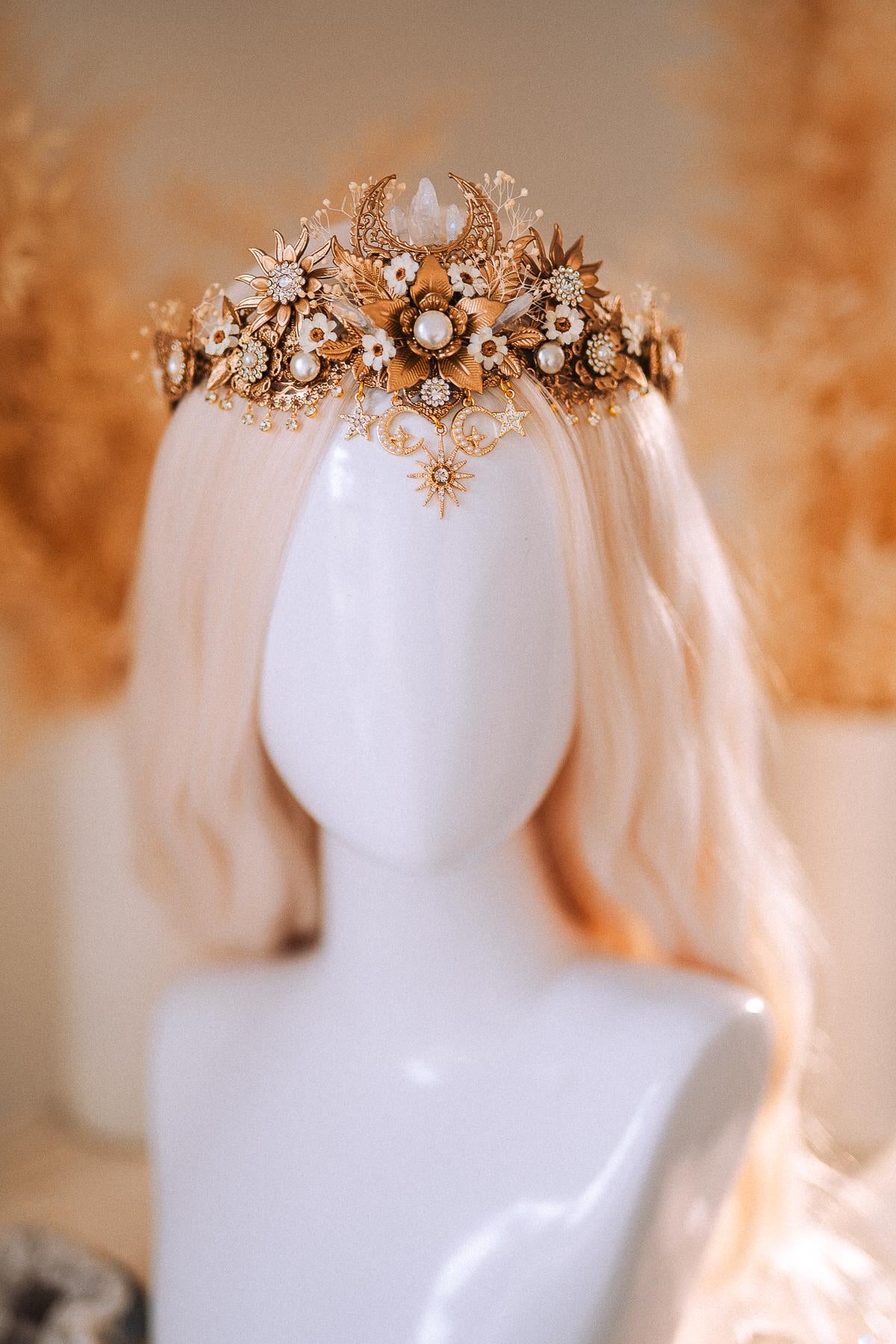 Celestial Boho Bridal Crown Crystal Flower Goddess Headpiece