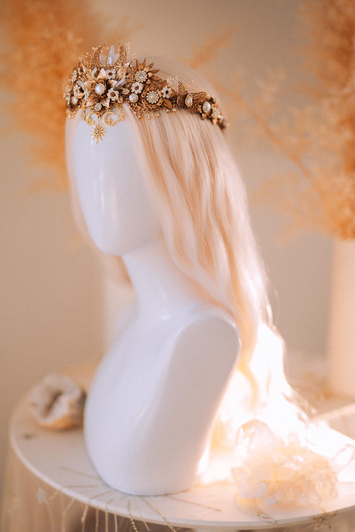Celestial Boho Bridal Crown Crystal Flower Goddess Headpiece