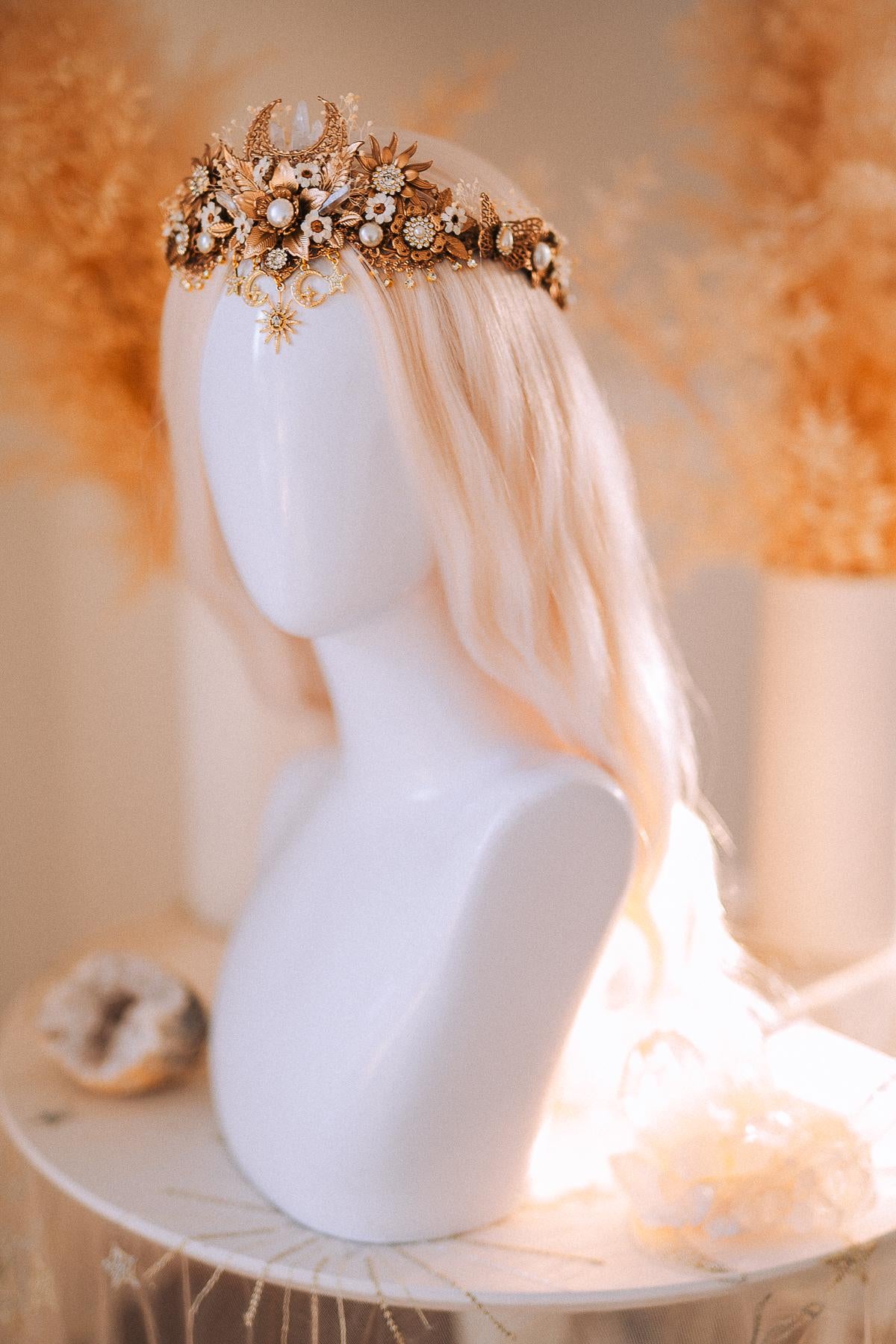 Celestial Boho Bridal Crown Crystal Flower Goddess Headpiece