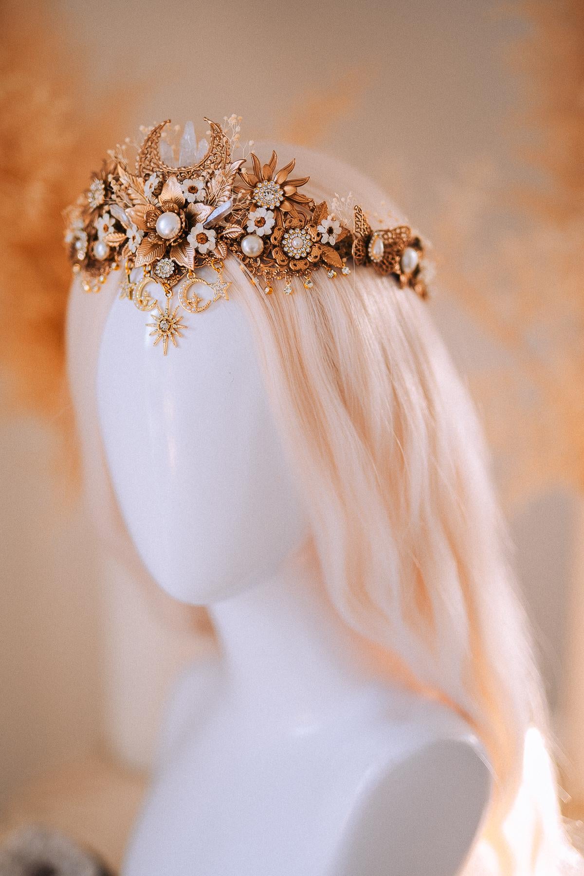 Celestial Boho Bridal Crown Crystal Flower Goddess Headpiece