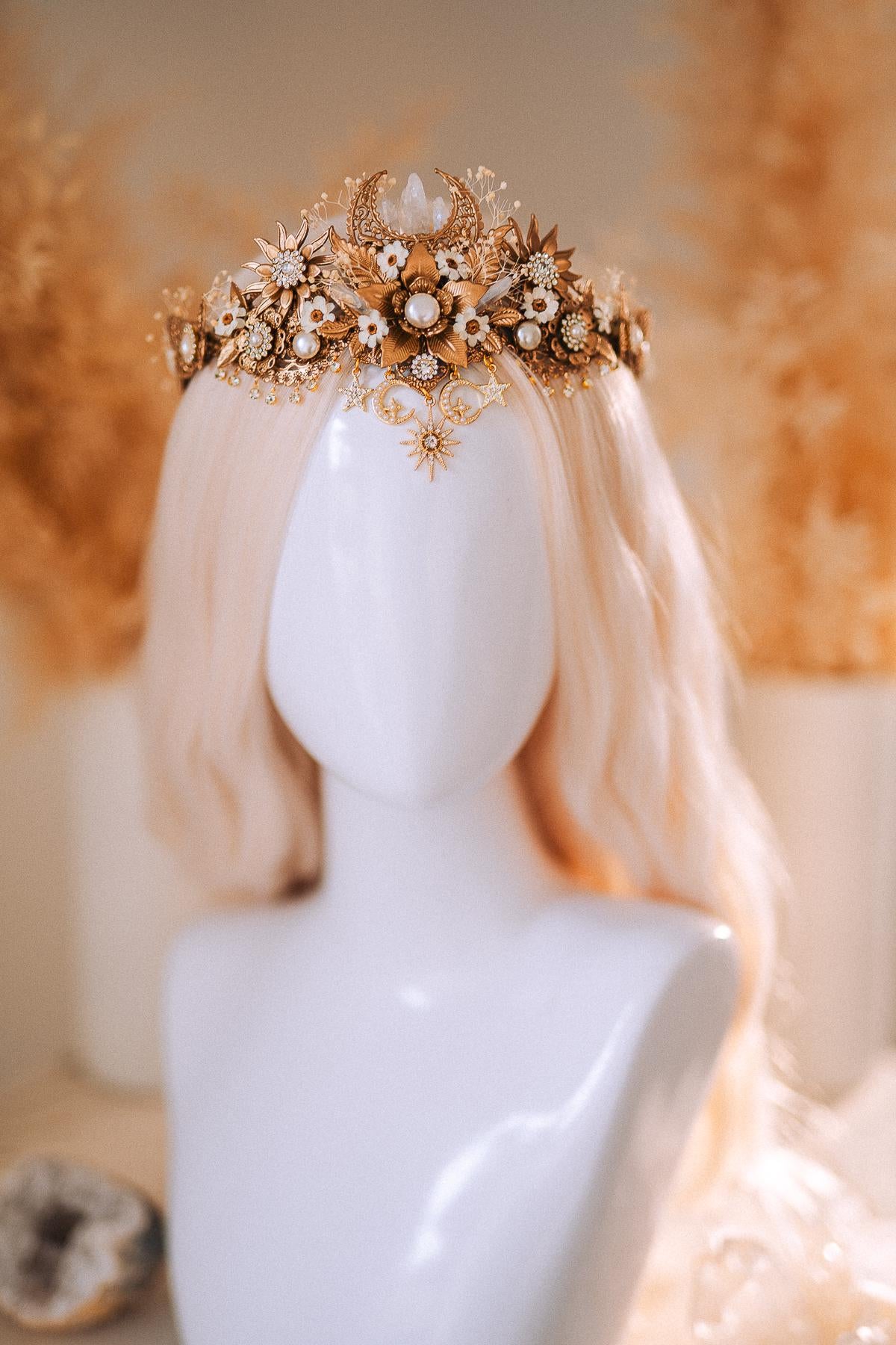 Celestial Boho Bridal Crown Crystal Flower Goddess Headpiece