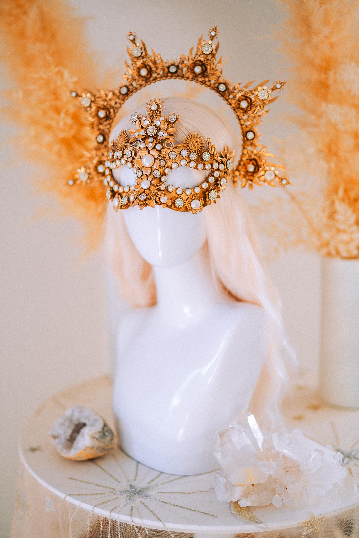 Gold Goddess Mask Masquerade Mask Pearl Crystal Mask Bridal Mask Headpiece
