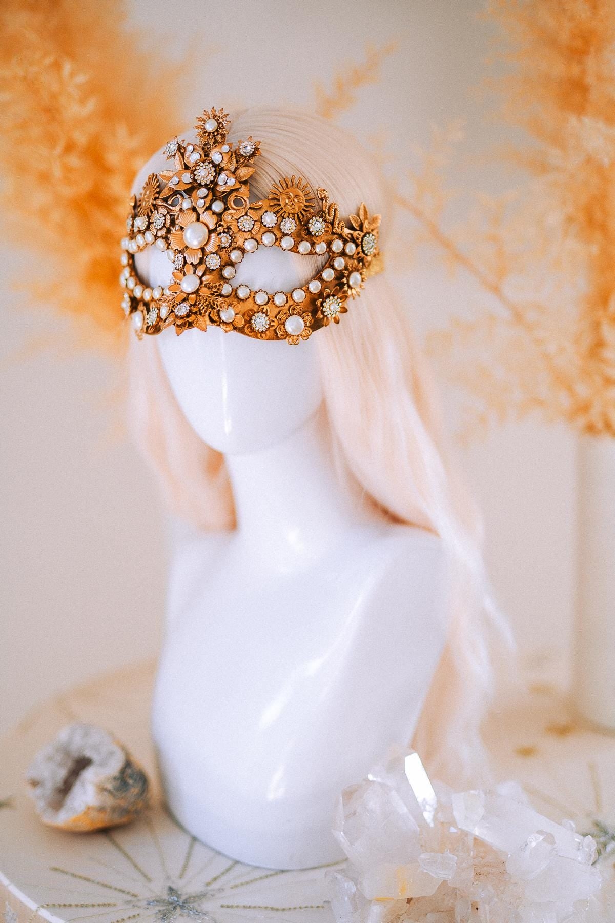 Gold Goddess Mask Masquerade Mask Pearl Crystal Mask Bridal Mask Headpiece