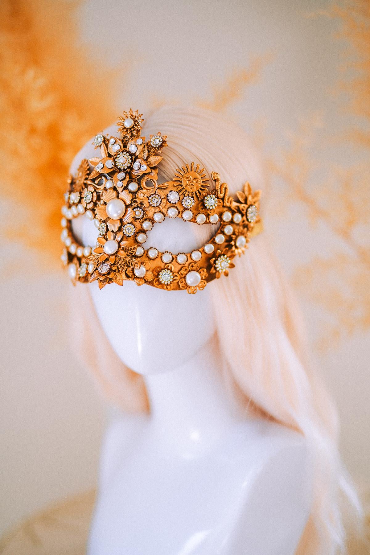 Gold Goddess Mask Masquerade Mask Pearl Crystal Mask Bridal Mask Headpiece
