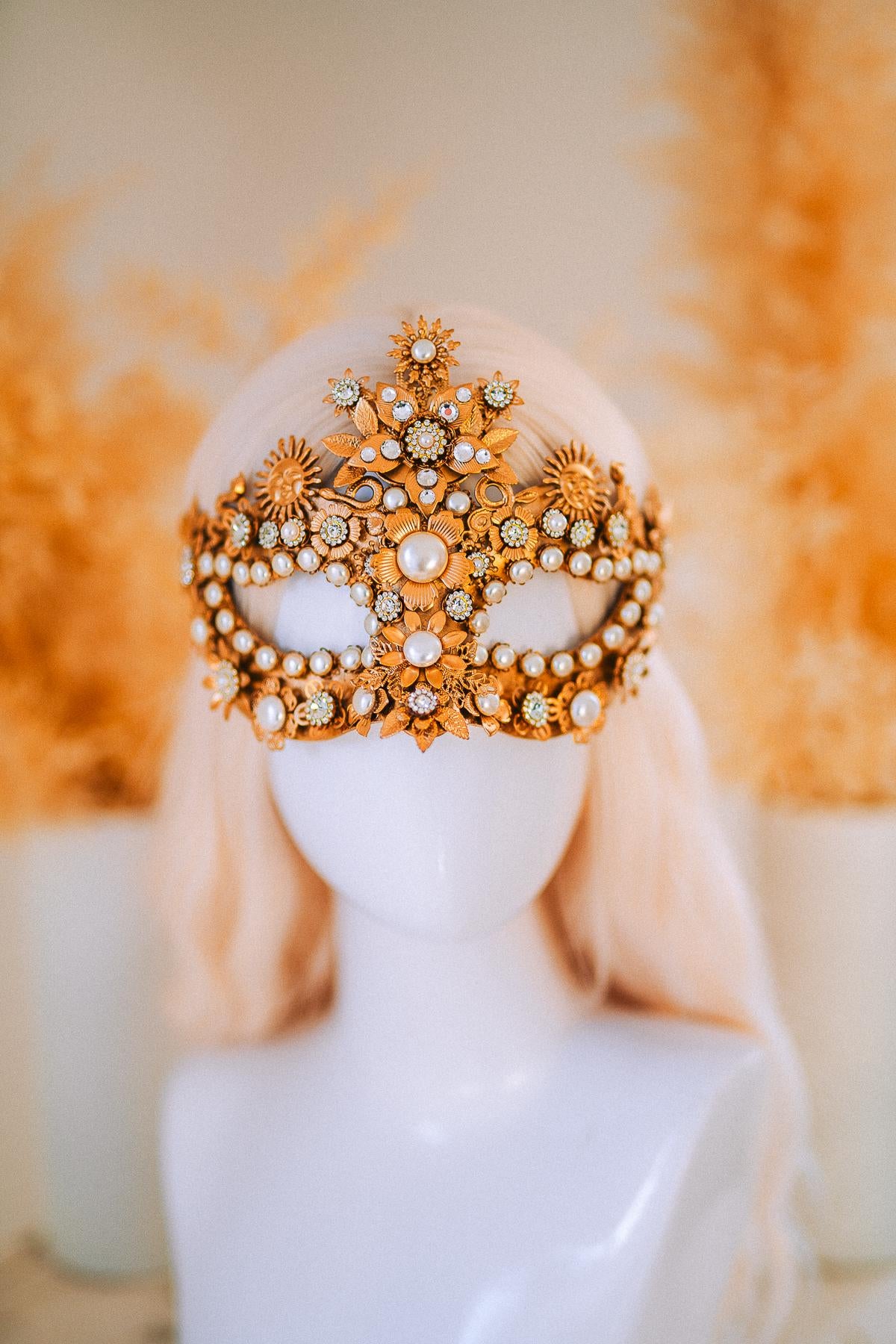 Gold Goddess Mask Masquerade Mask Pearl Crystal Mask Bridal Mask Headpiece