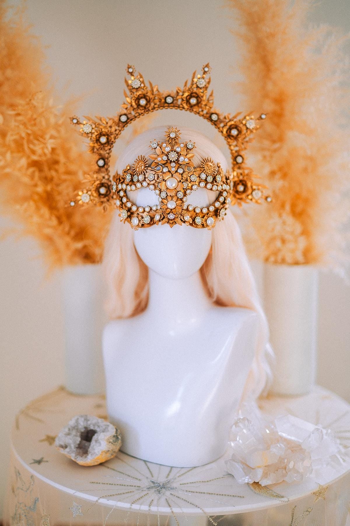 Gold Goddess Mask Masquerade Mask Pearl Crystal Mask Bridal Mask Headpiece
