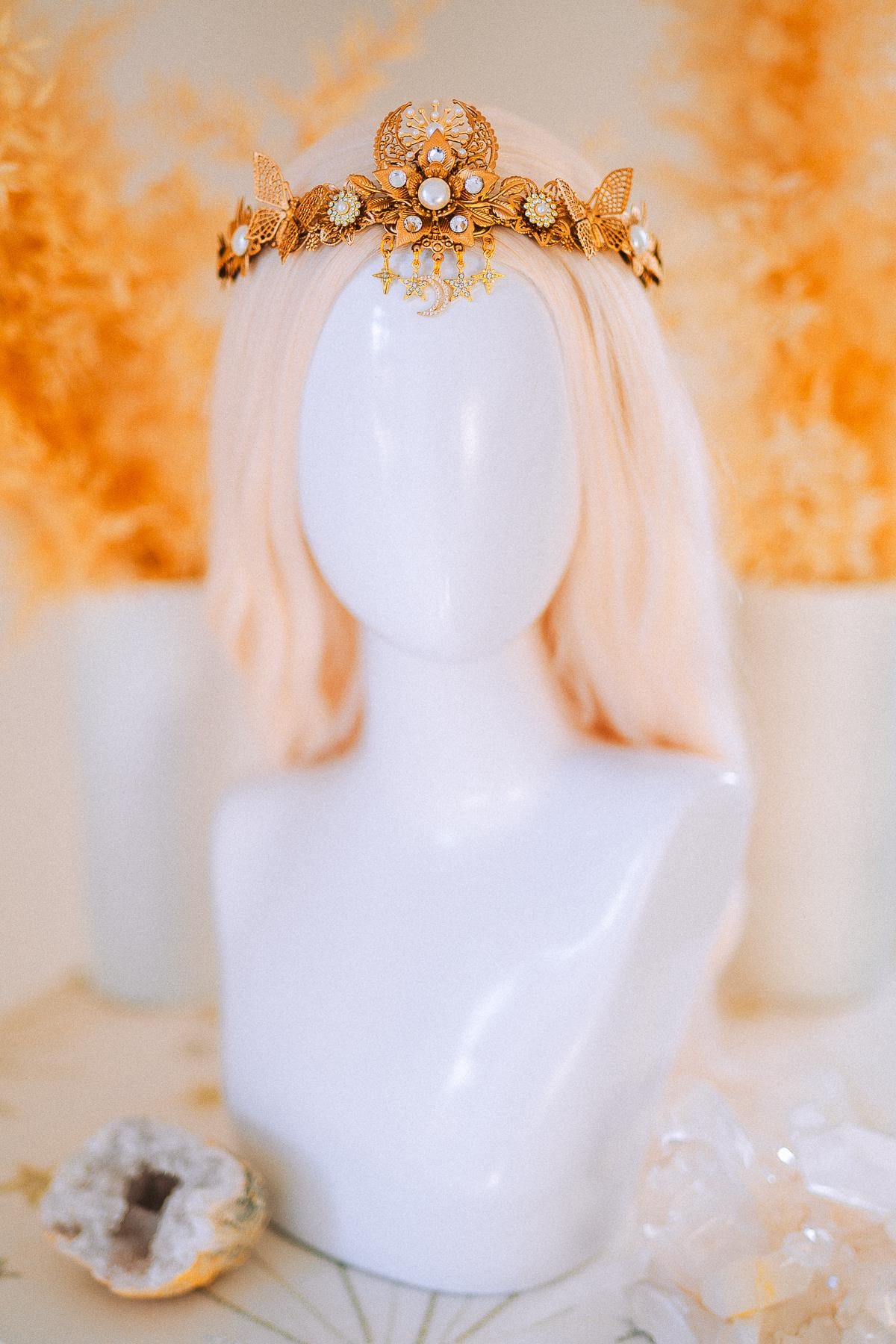 Gold Bridal Tiara Celestial Wedding Crown Pearl Crystal Boho Headpiece