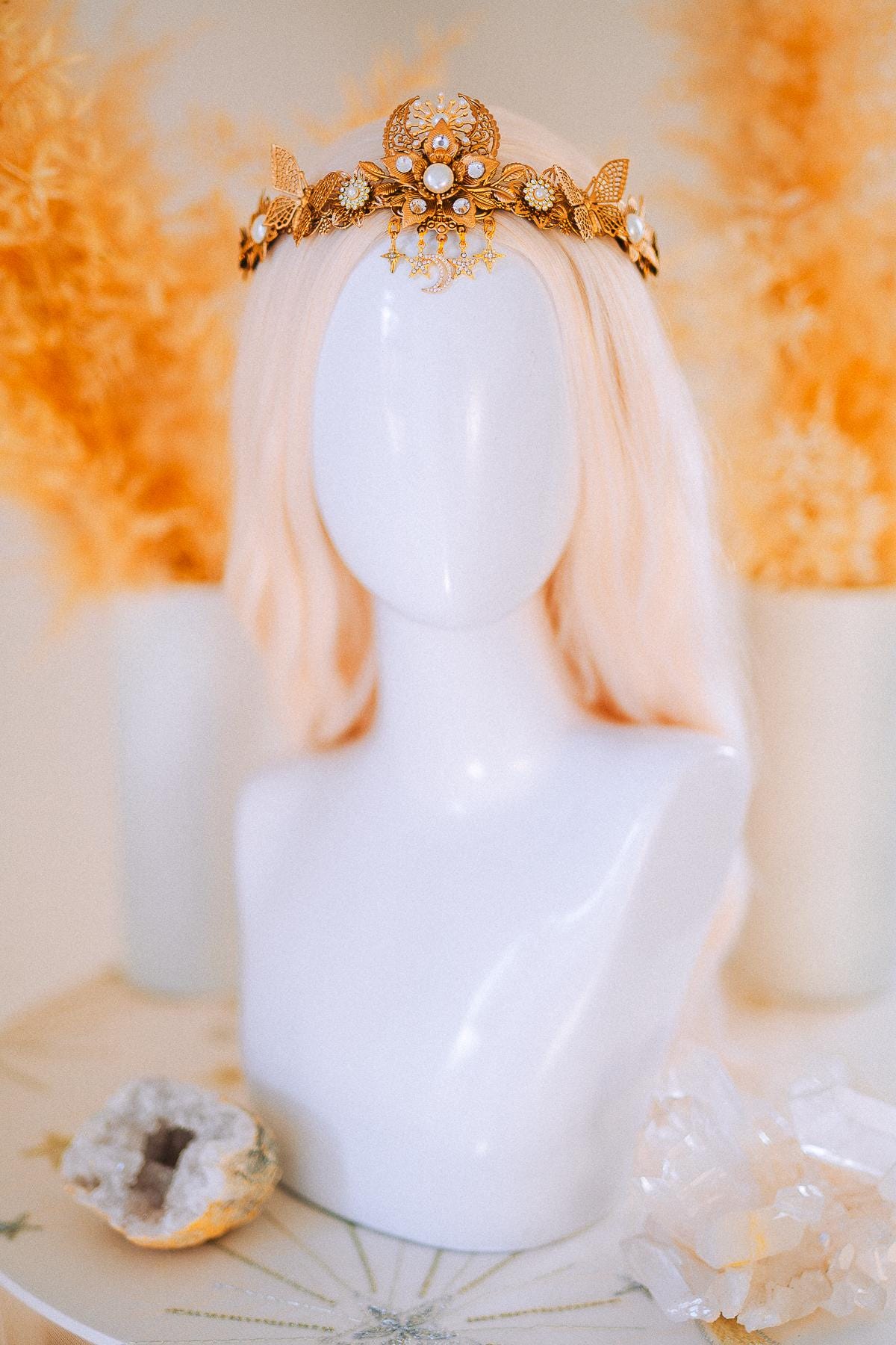Gold Bridal Tiara Celestial Wedding Crown Pearl Crystal Boho Headpiece