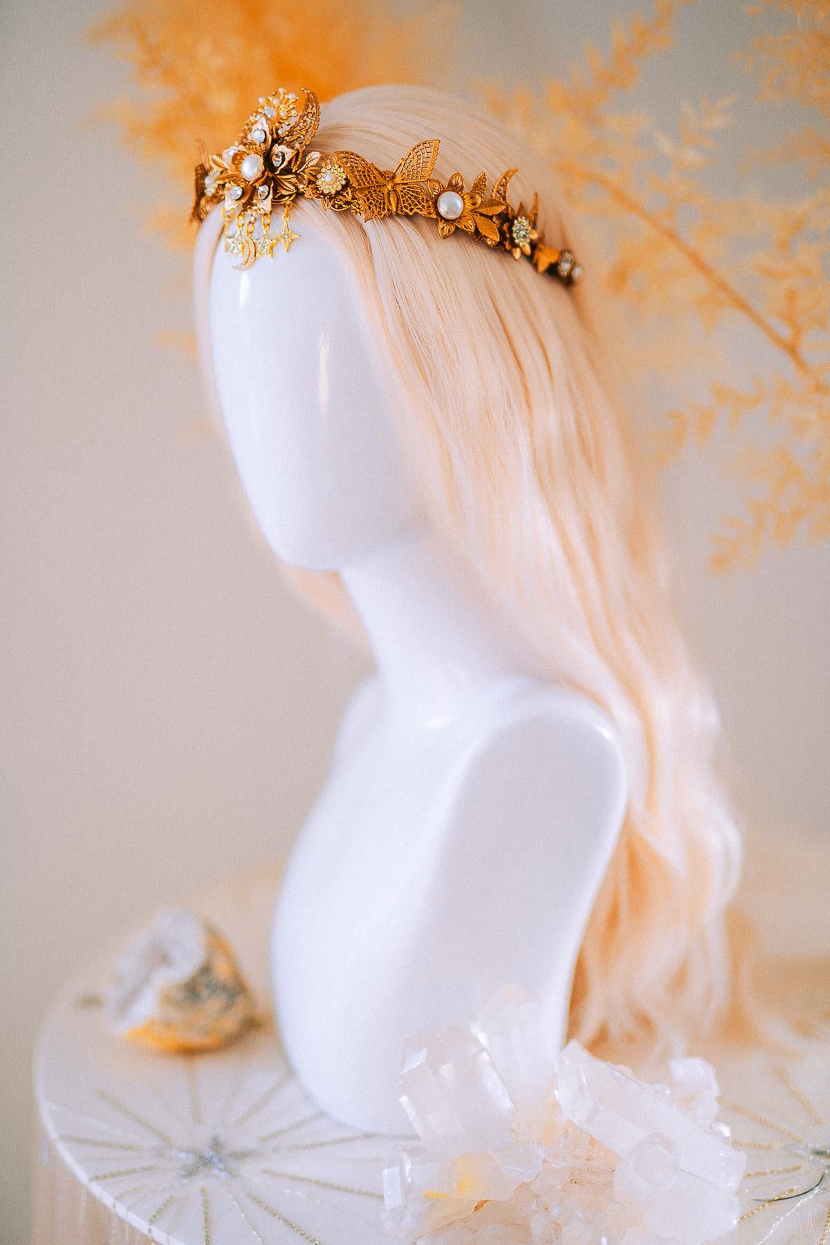 Gold Bridal Tiara Celestial Wedding Crown Pearl Crystal Boho Headpiece