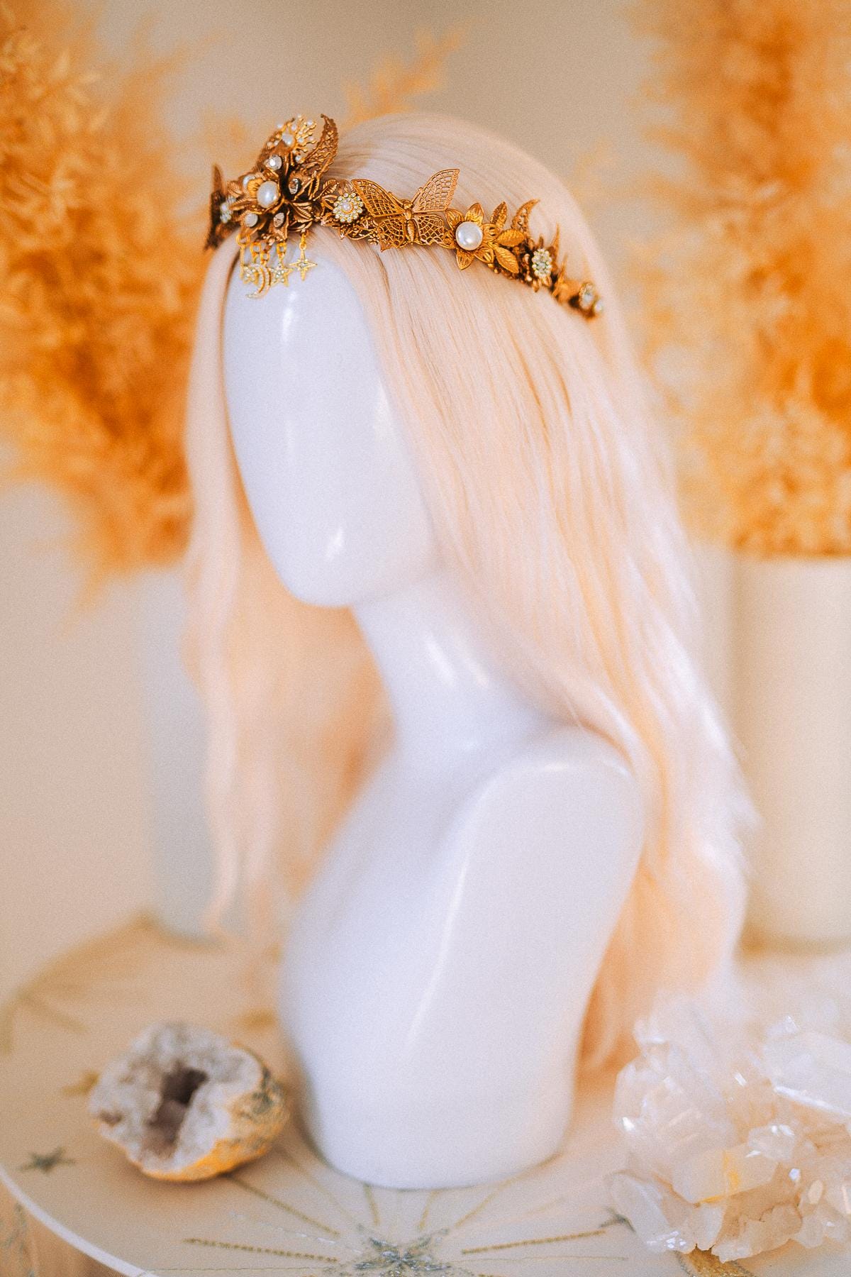 Gold Bridal Tiara Celestial Wedding Crown Pearl Crystal Boho Headpiece