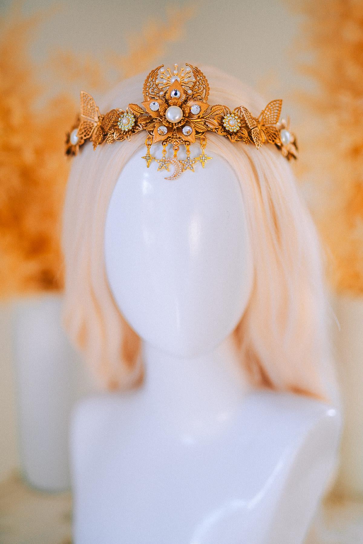 Gold Bridal Tiara Celestial Wedding Crown Pearl Crystal Boho Headpiece