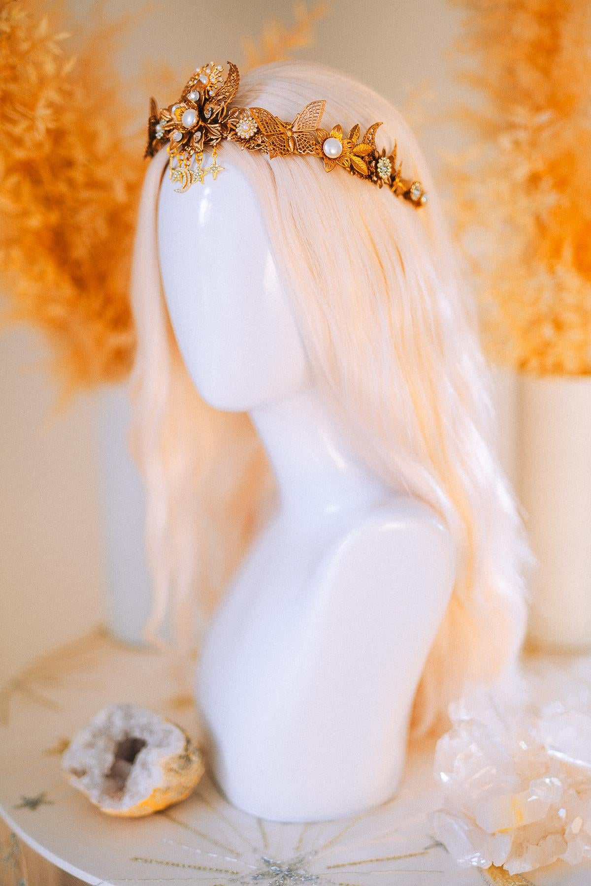 Gold Bridal Tiara Celestial Wedding Crown Pearl Crystal Boho Headpiece