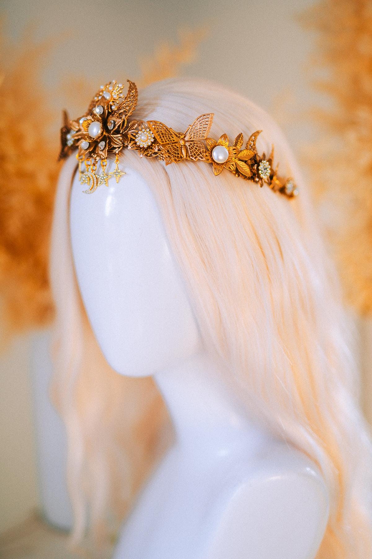 Gold Bridal Tiara Celestial Wedding Crown Pearl Crystal Boho Headpiece