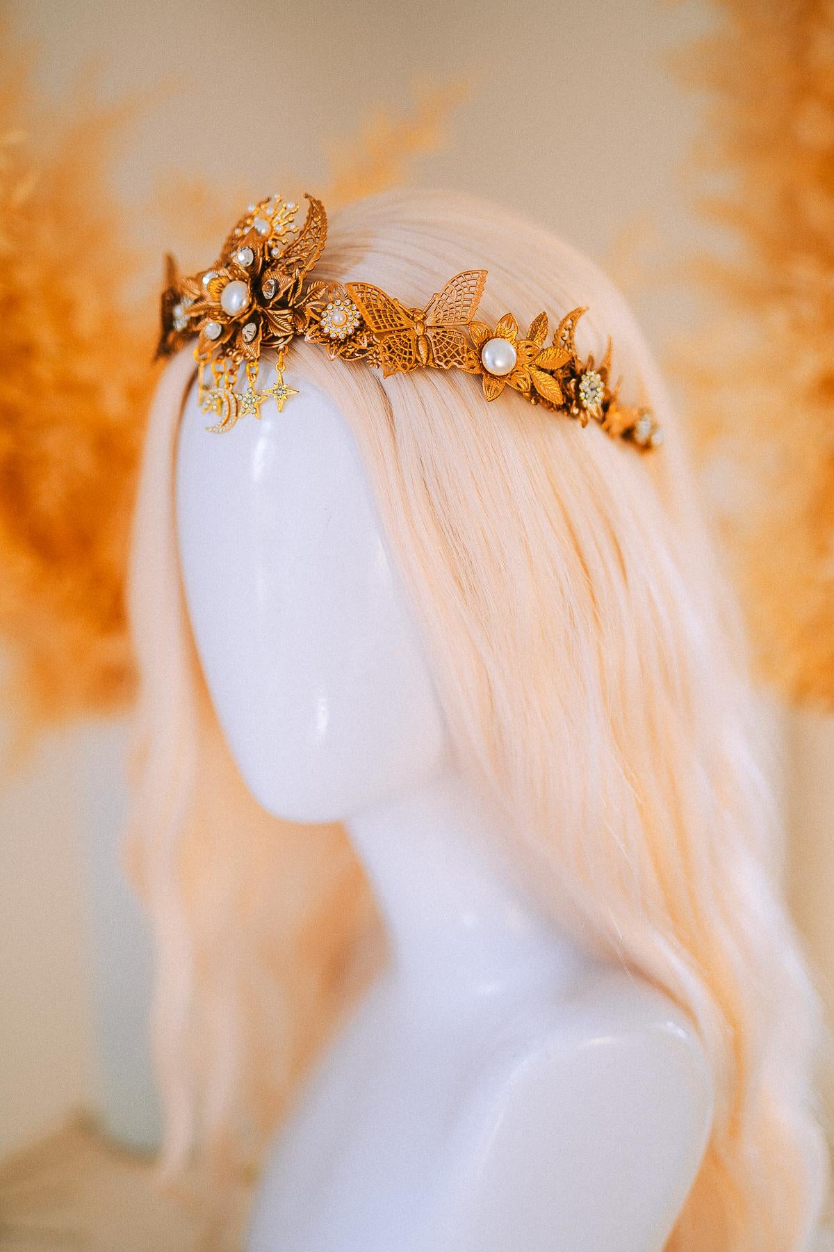Gold Bridal Tiara Celestial Wedding Crown Pearl Crystal Boho Headpiece