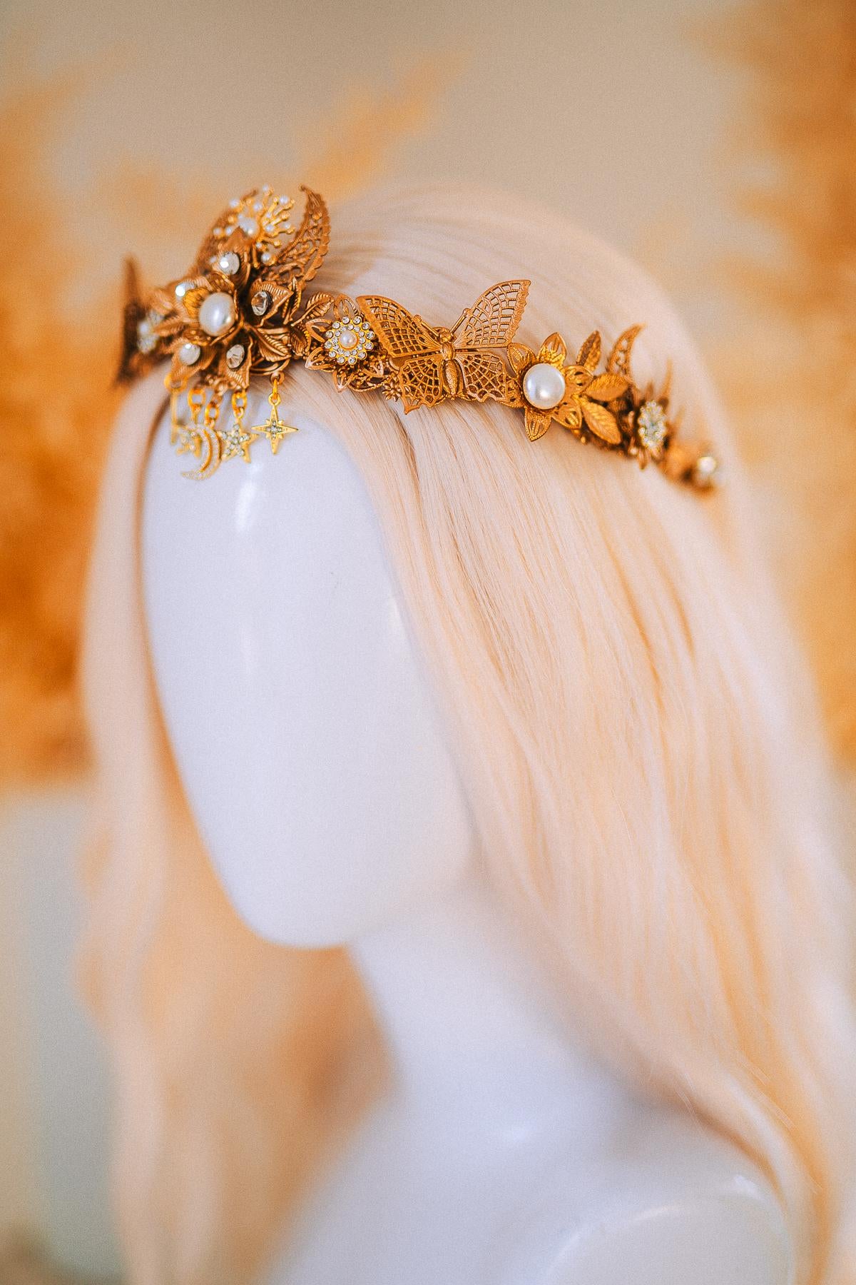 Gold Bridal Tiara Celestial Wedding Crown Pearl Crystal Boho Headpiece