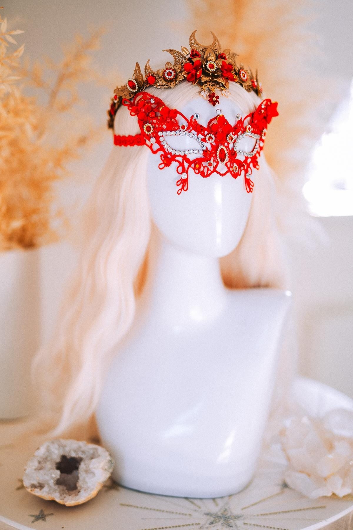 Red Gold Bridal Tiara Moon Crown Floral Wedding Headpiece Crystal Pearl
