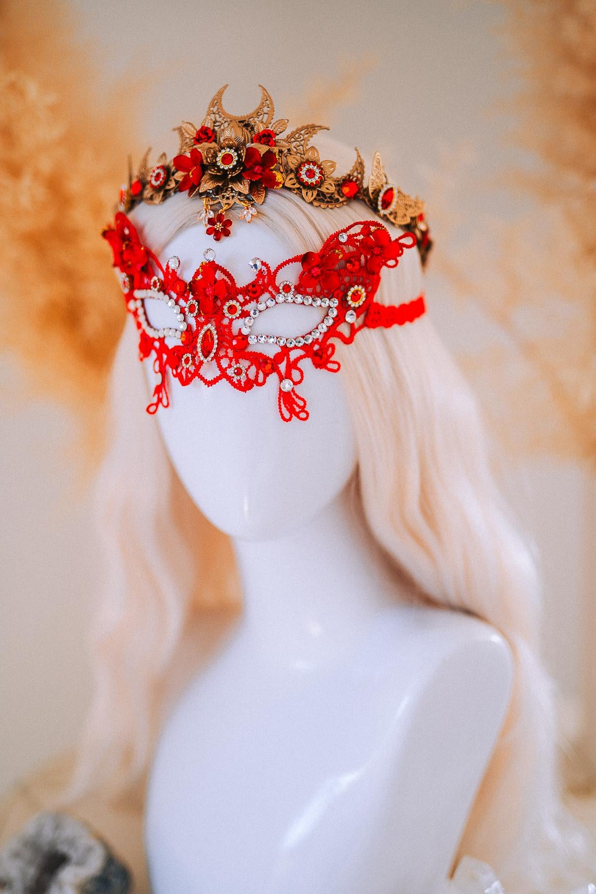 Red Gold Bridal Tiara Moon Crown Floral Wedding Headpiece Crystal Pearl
