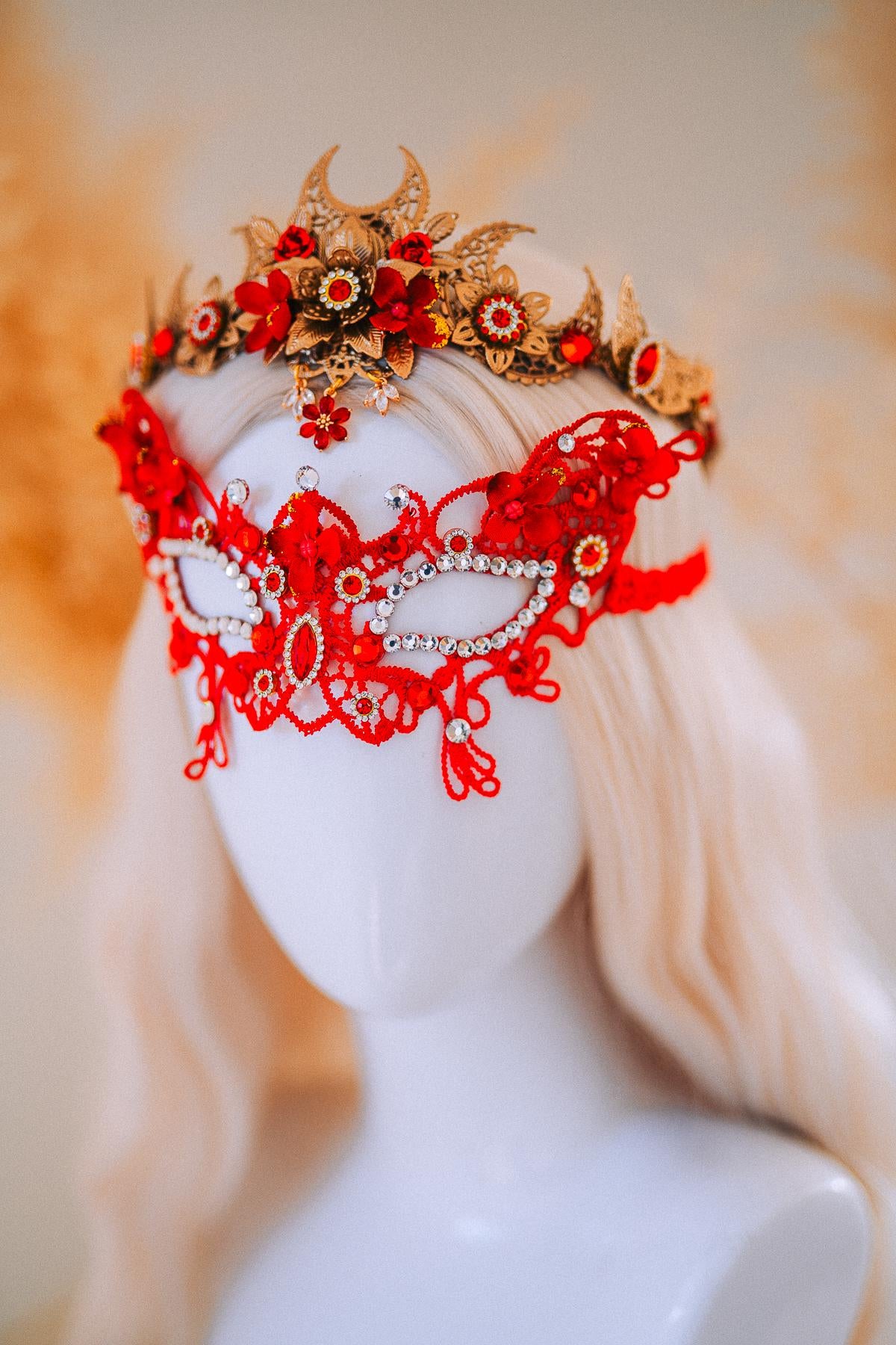 Red Gold Bridal Tiara Moon Crown Floral Wedding Headpiece Crystal Pearl