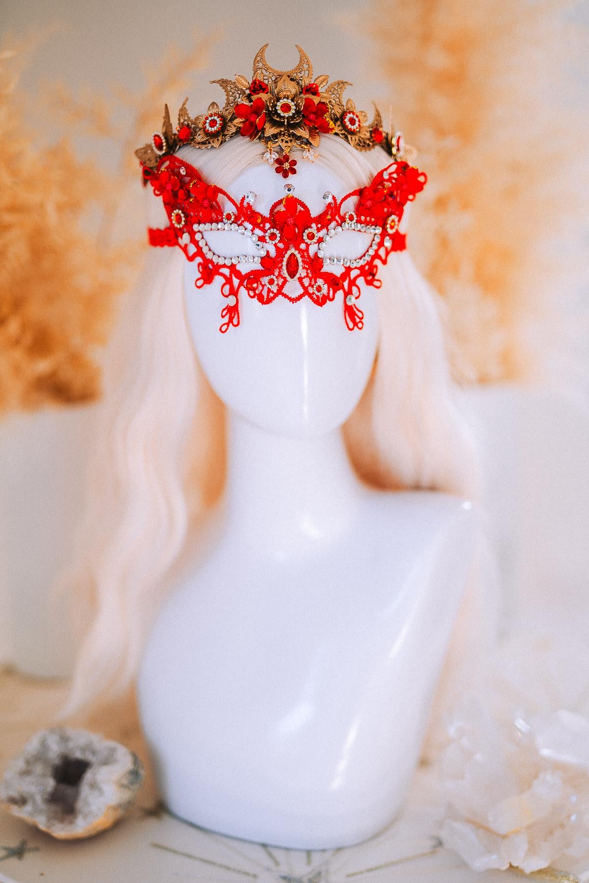 Red Gold Bridal Tiara Moon Crown Floral Wedding Headpiece Crystal Pearl