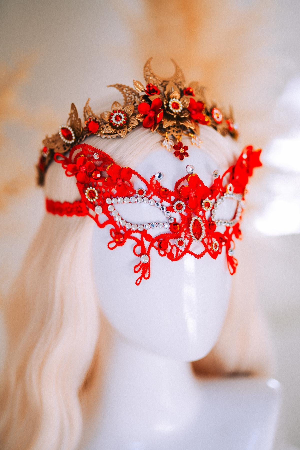 Red Gold Bridal Tiara Moon Crown Floral Wedding Headpiece Crystal Pearl