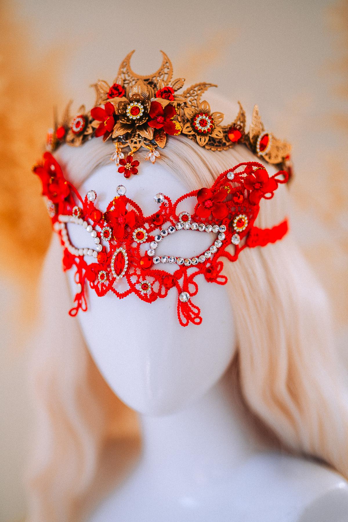 Red Gold Bridal Tiara Moon Crown Floral Wedding Headpiece Crystal Pearl