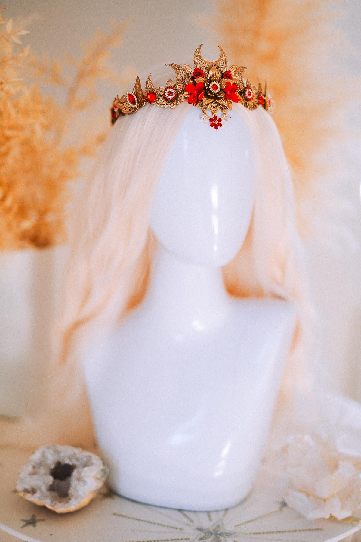 Red Gold Bridal Tiara Moon Crown Floral Wedding Headpiece Crystal Pearl