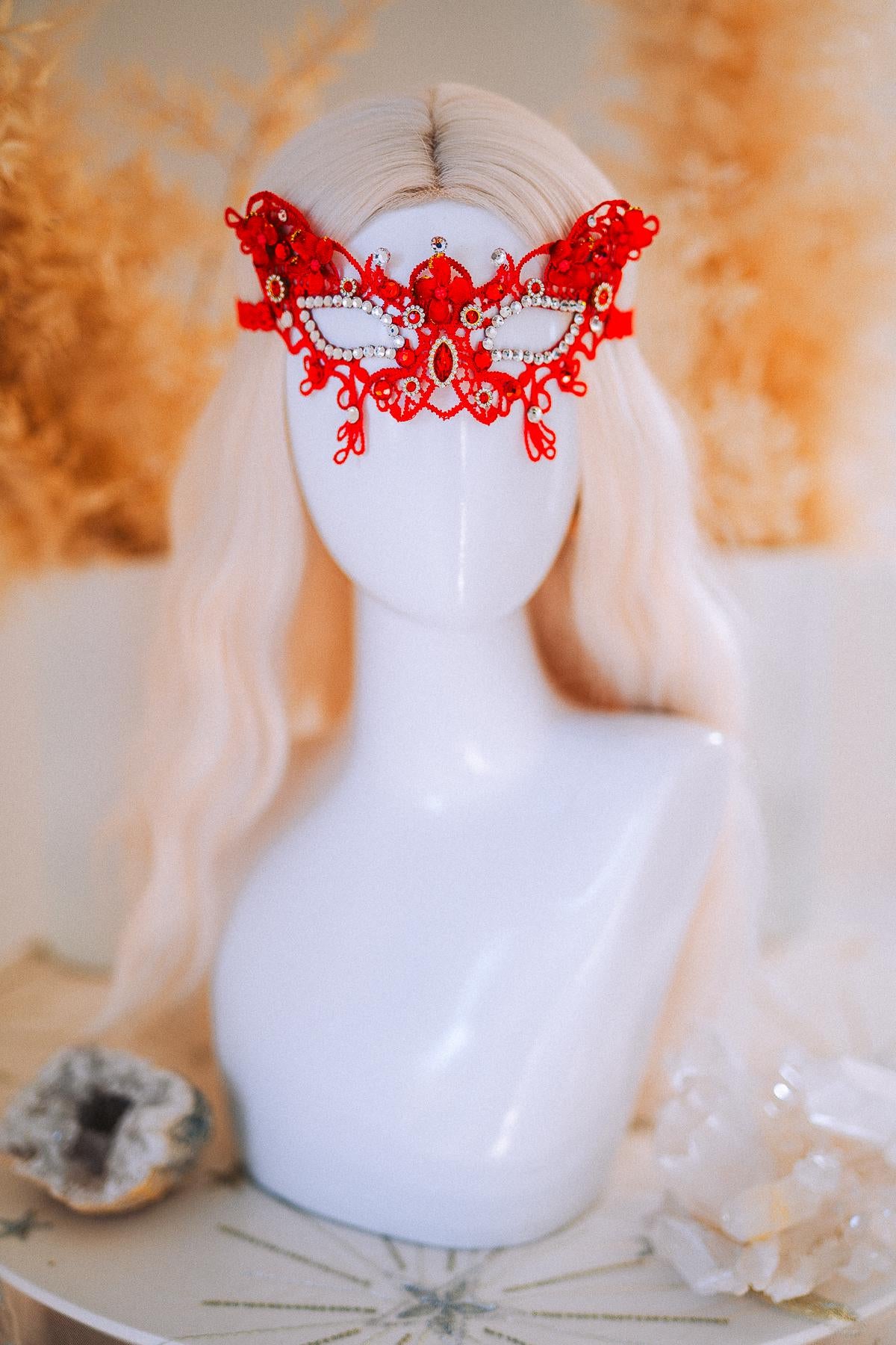 Red Gold Bridal Tiara Moon Crown Floral Wedding Headpiece Crystal Pearl