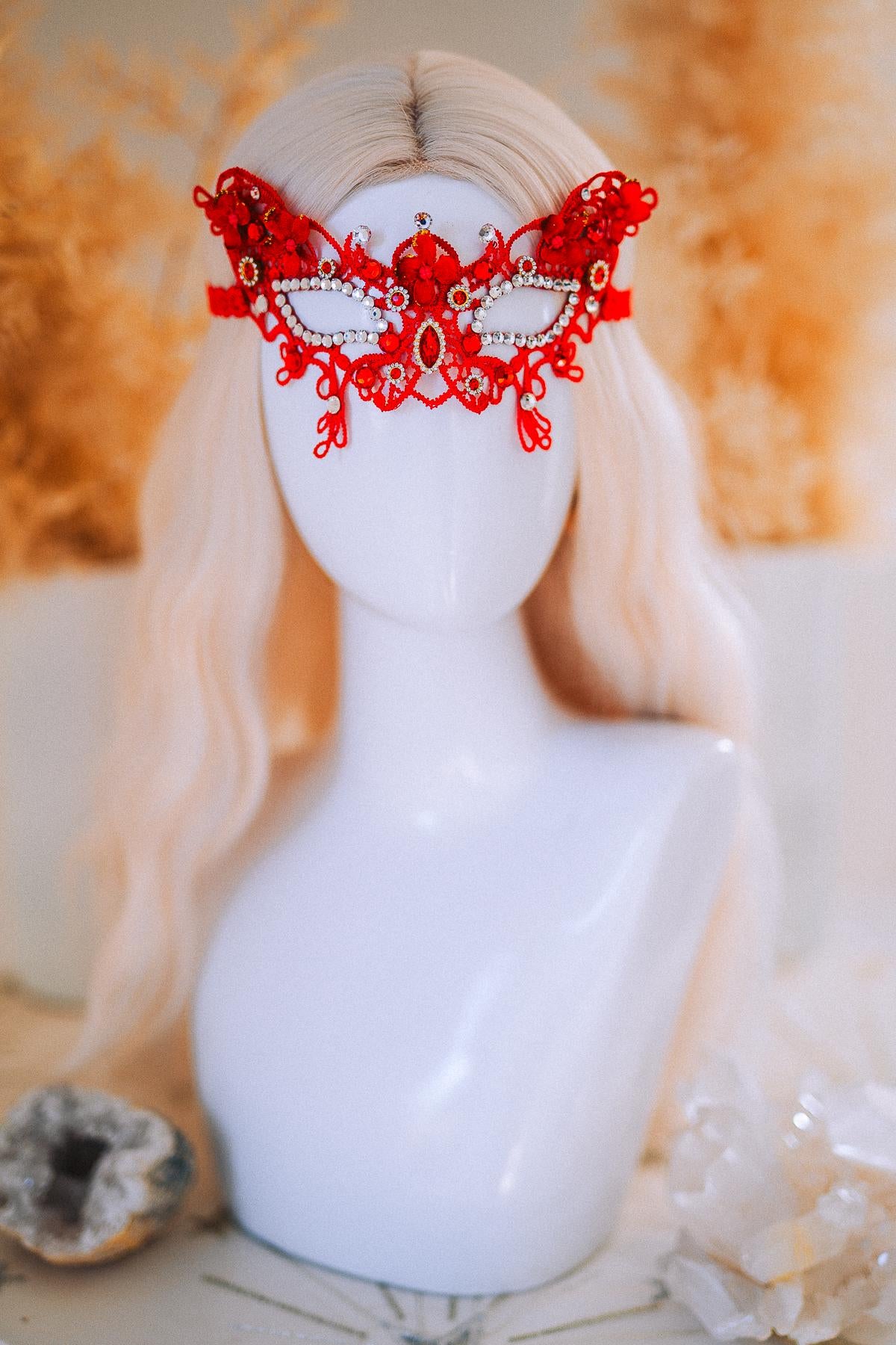 Red Gold Bridal Tiara Moon Crown Floral Wedding Headpiece Crystal Pearl