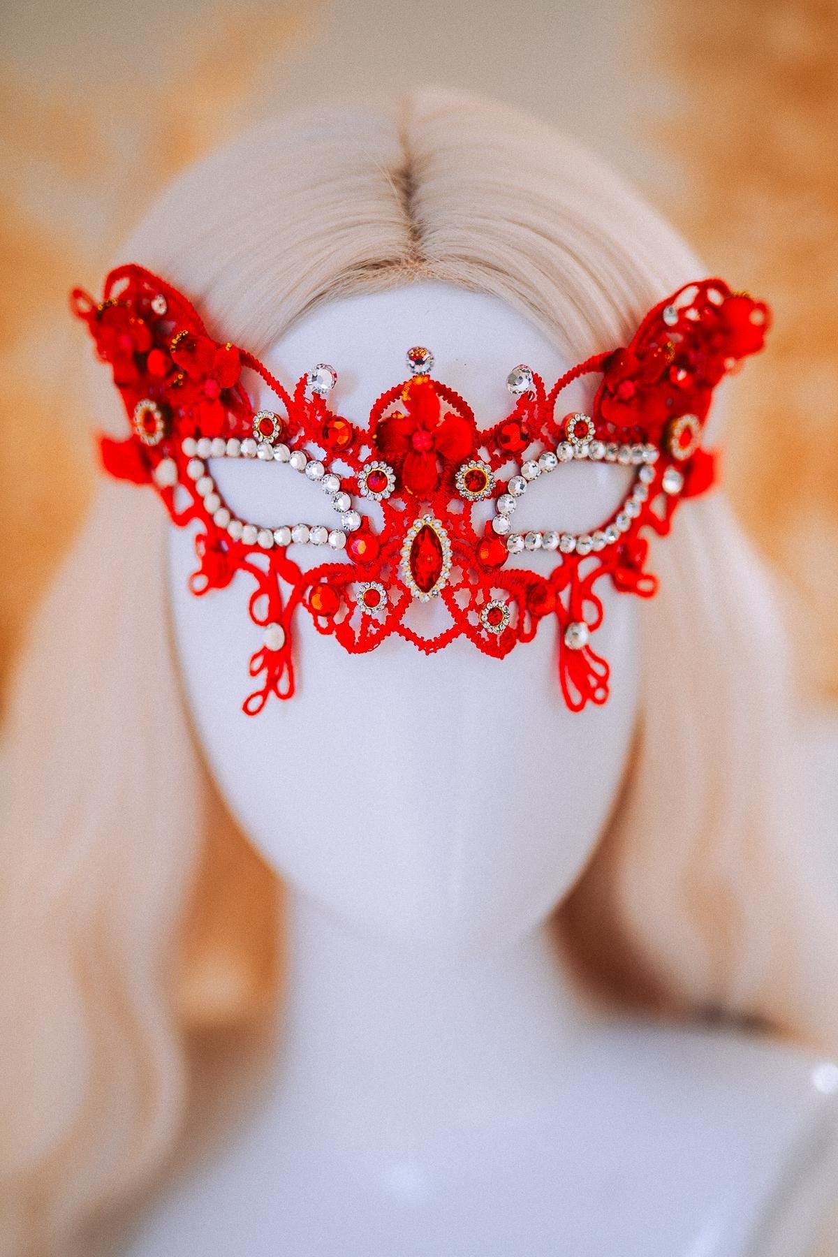 Red Gold Bridal Tiara Moon Crown Floral Wedding Headpiece Crystal Pearl