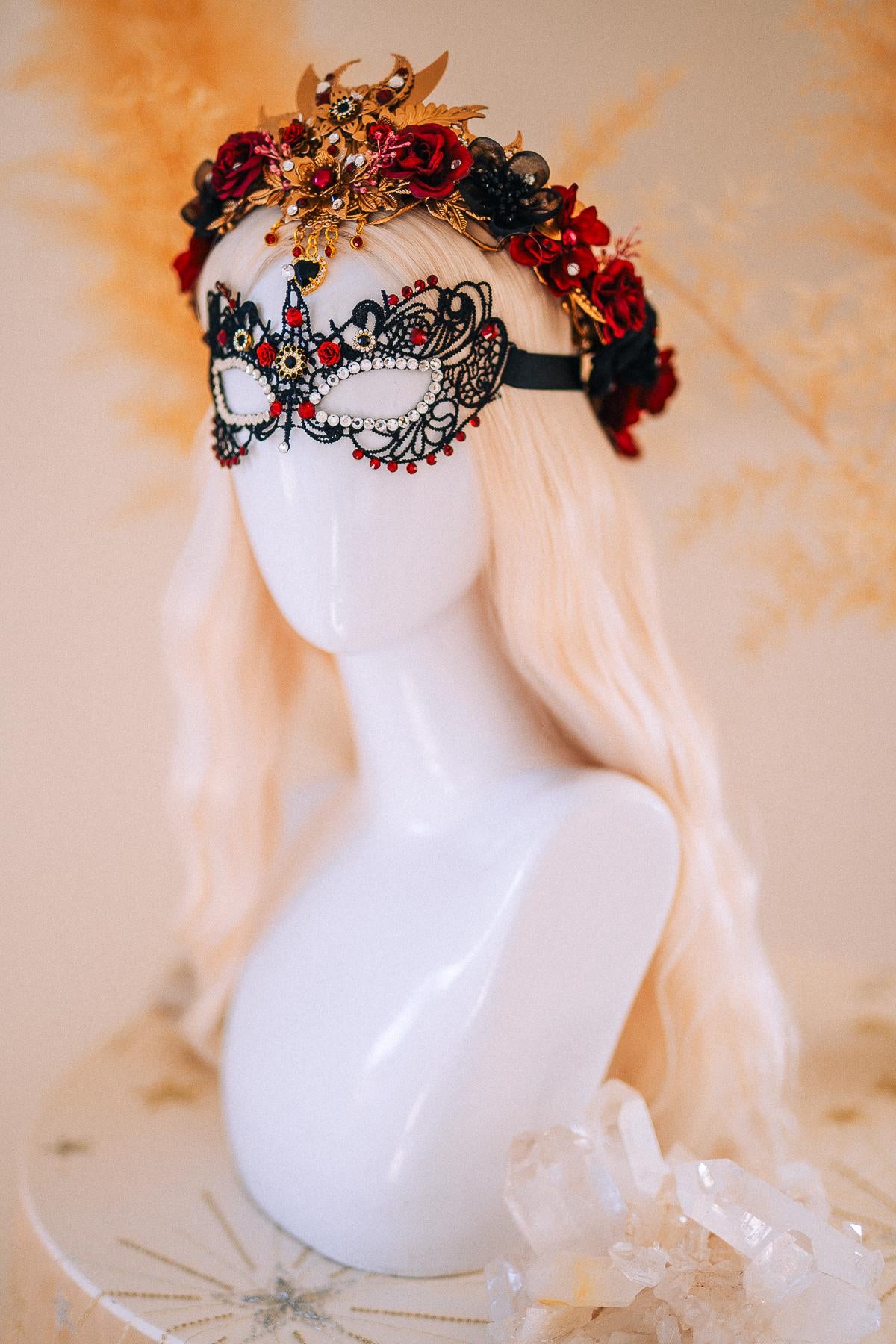 Burgundy Gold Masquerade Crown Floral Tiara Fantasy Ball Headpiece
