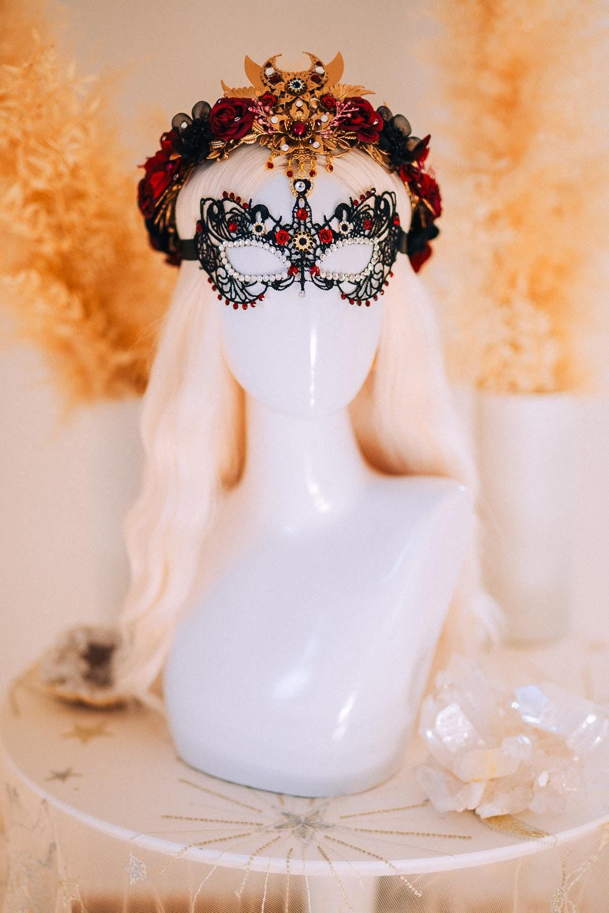 Burgundy Lace Masquerade Mask with Crystal Crown – Venetian Ball Headpiece