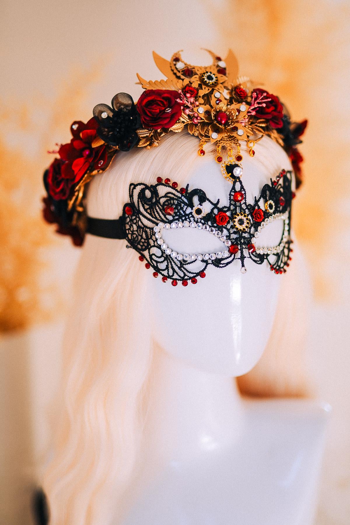 Burgundy Gold Masquerade Crown Floral Tiara Fantasy Ball Headpiece