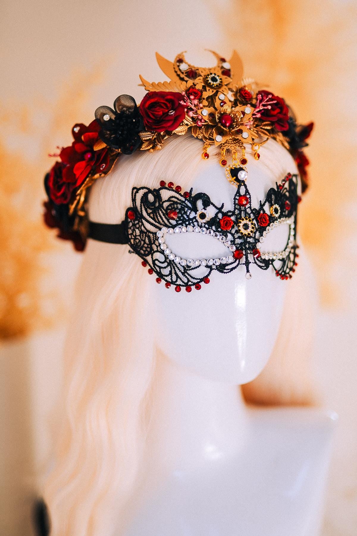 Burgundy Lace Masquerade Mask with Crystal Crown – Venetian Ball Headpiece