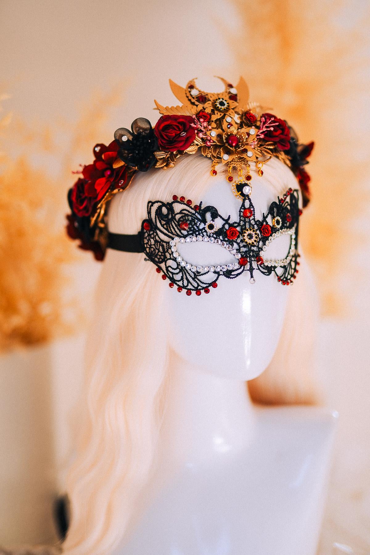 Burgundy Gold Masquerade Crown Floral Tiara Fantasy Ball Headpiece