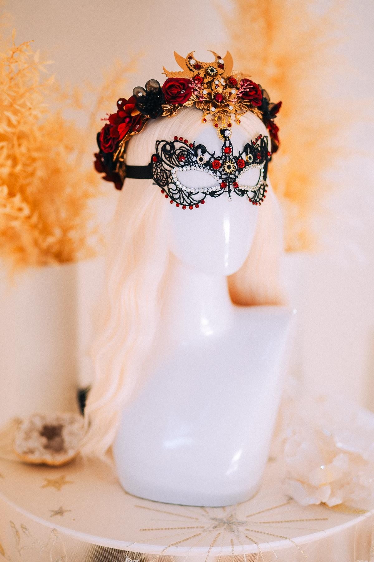 Burgundy Lace Masquerade Mask with Crystal Crown – Venetian Ball Headpiece