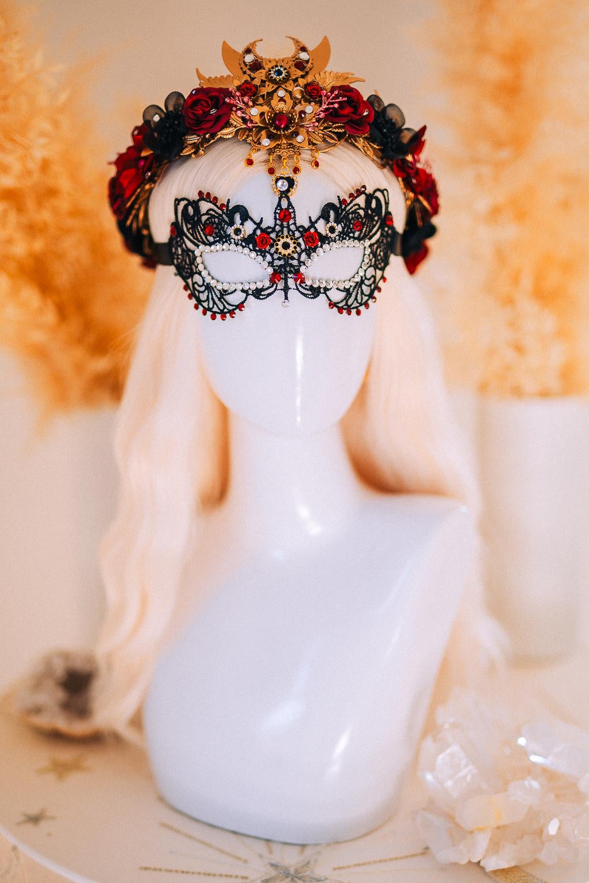 Burgundy Gold Masquerade Crown Floral Tiara Fantasy Ball Headpiece