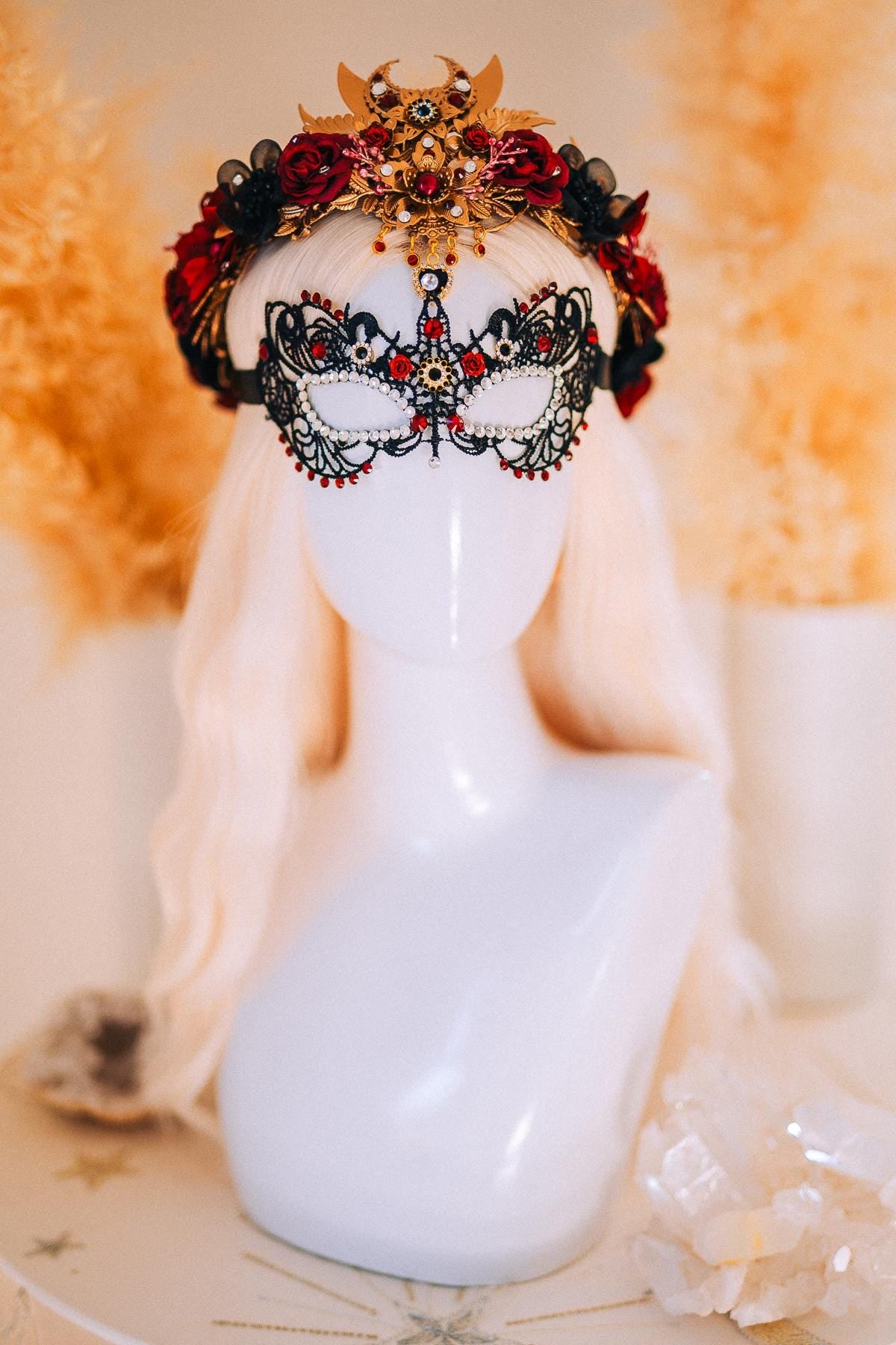 Burgundy Lace Masquerade Mask with Crystal Crown – Venetian Ball Headpiece