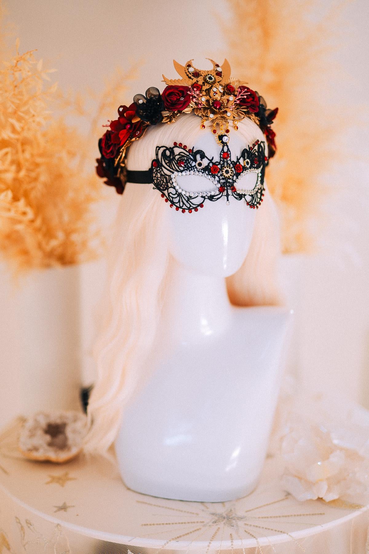 Burgundy Gold Masquerade Crown Floral Tiara Fantasy Ball Headpiece