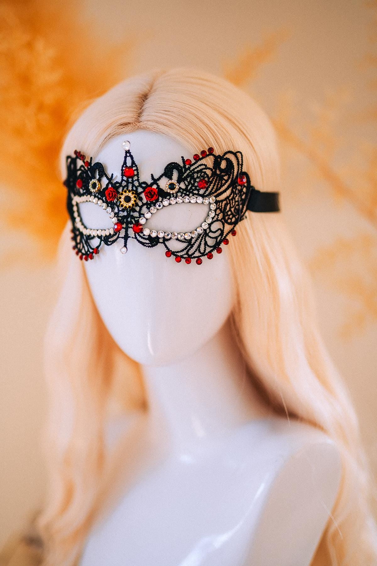 Burgundy Lace Masquerade Mask with Crystal Crown – Venetian Ball Headpiece