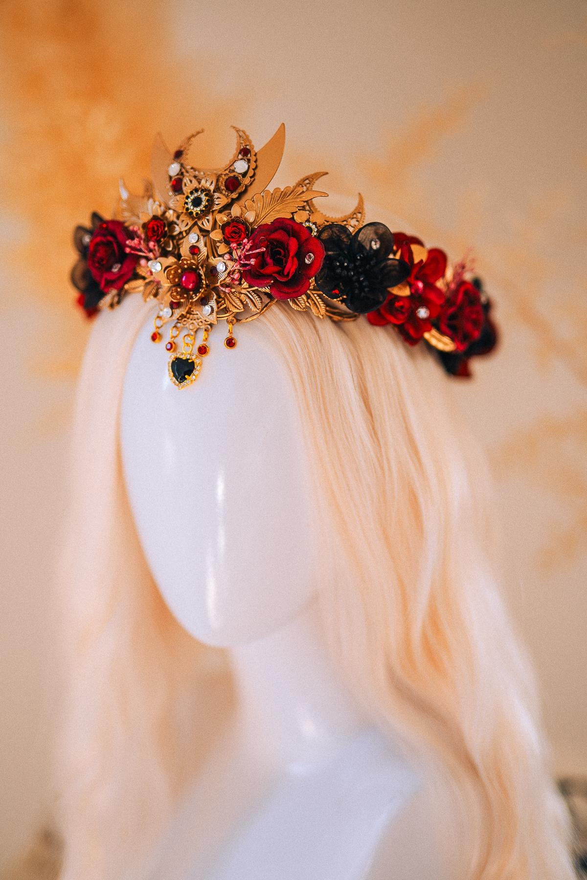 Burgundy Gold Masquerade Crown Floral Tiara Fantasy Ball Headpiece