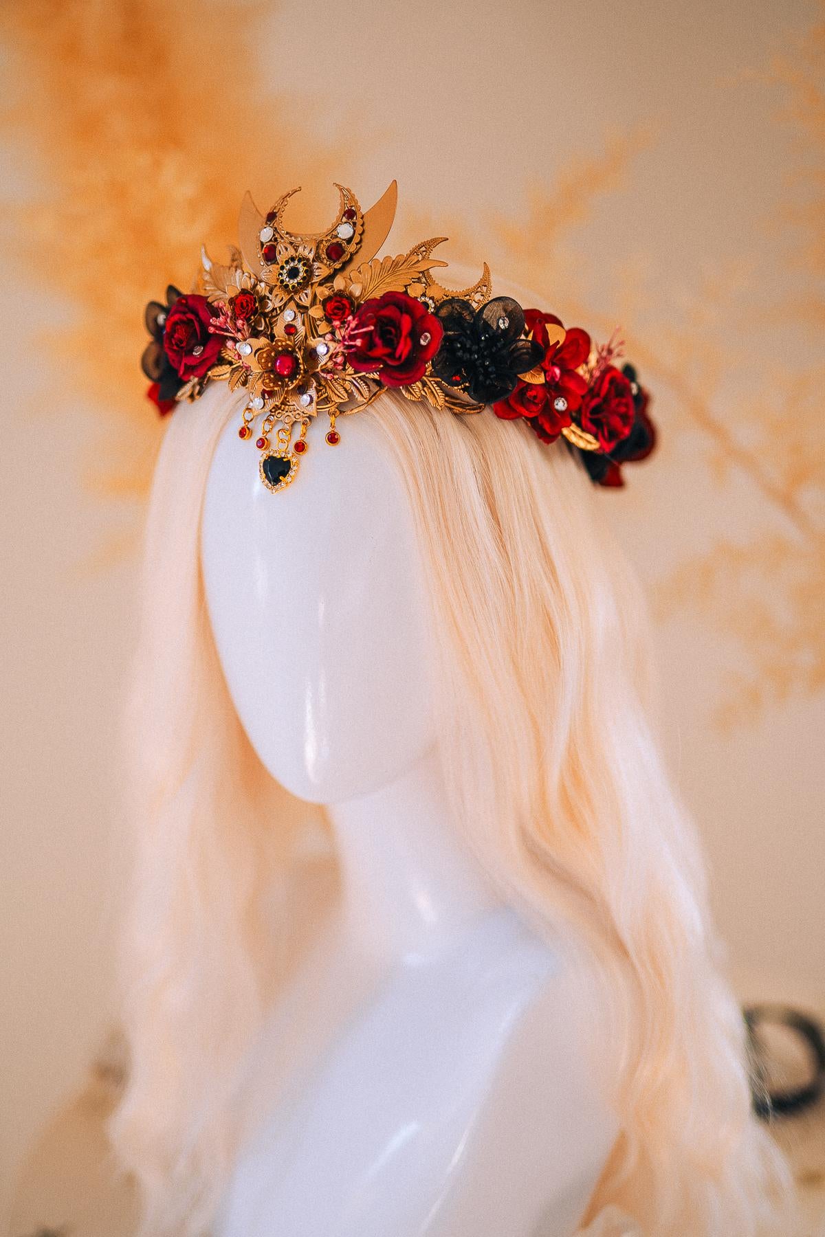 Burgundy Gold Masquerade Crown Floral Tiara Fantasy Ball Headpiece