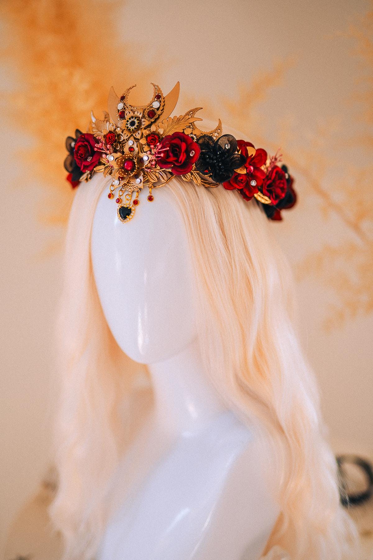 Burgundy Lace Masquerade Mask with Crystal Crown – Venetian Ball Headpiece