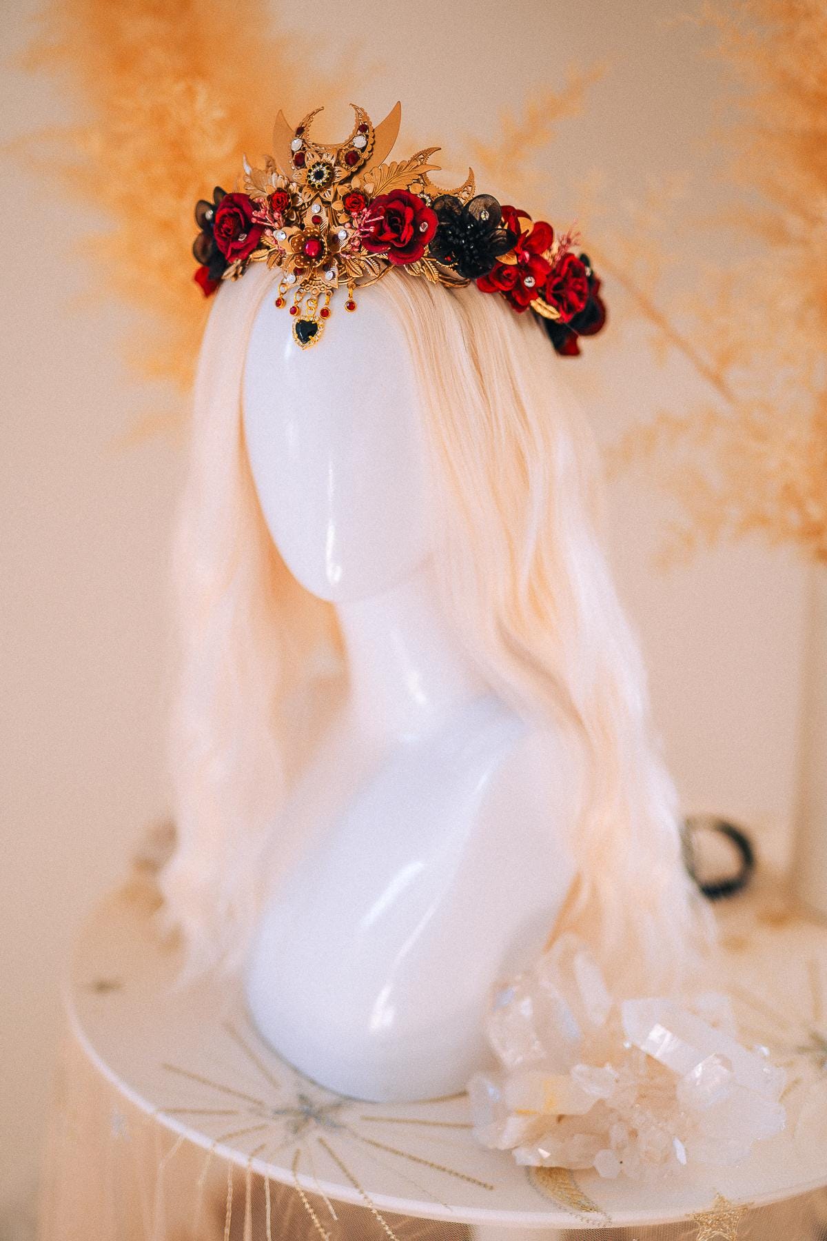 Burgundy Lace Masquerade Mask with Crystal Crown – Venetian Ball Headpiece