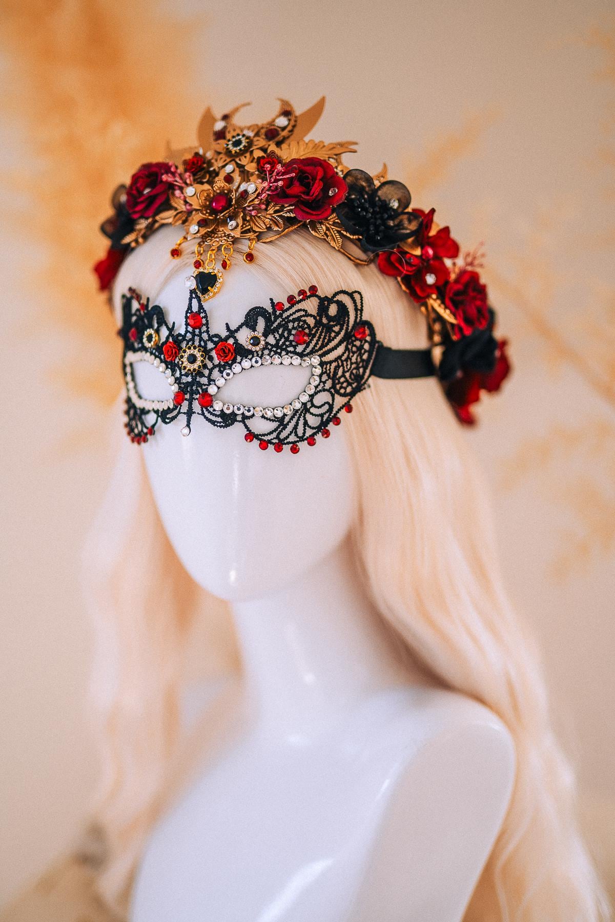 Burgundy Gold Masquerade Crown Floral Tiara Fantasy Ball Headpiece
