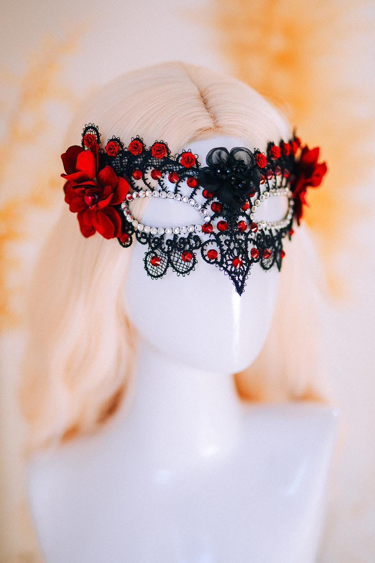 Burgundy Lace Masquerade Mask with Crystals – Fantasy Ball Eye Mask