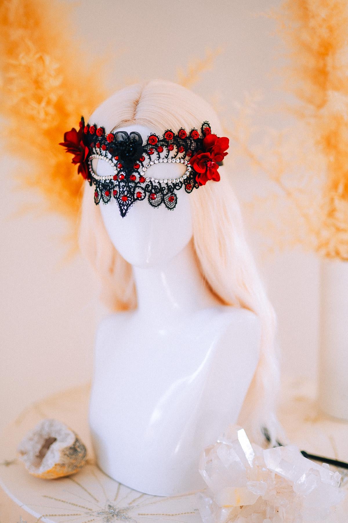 Burgundy Lace Masquerade Mask with Crystals – Fantasy Ball Eye Mask