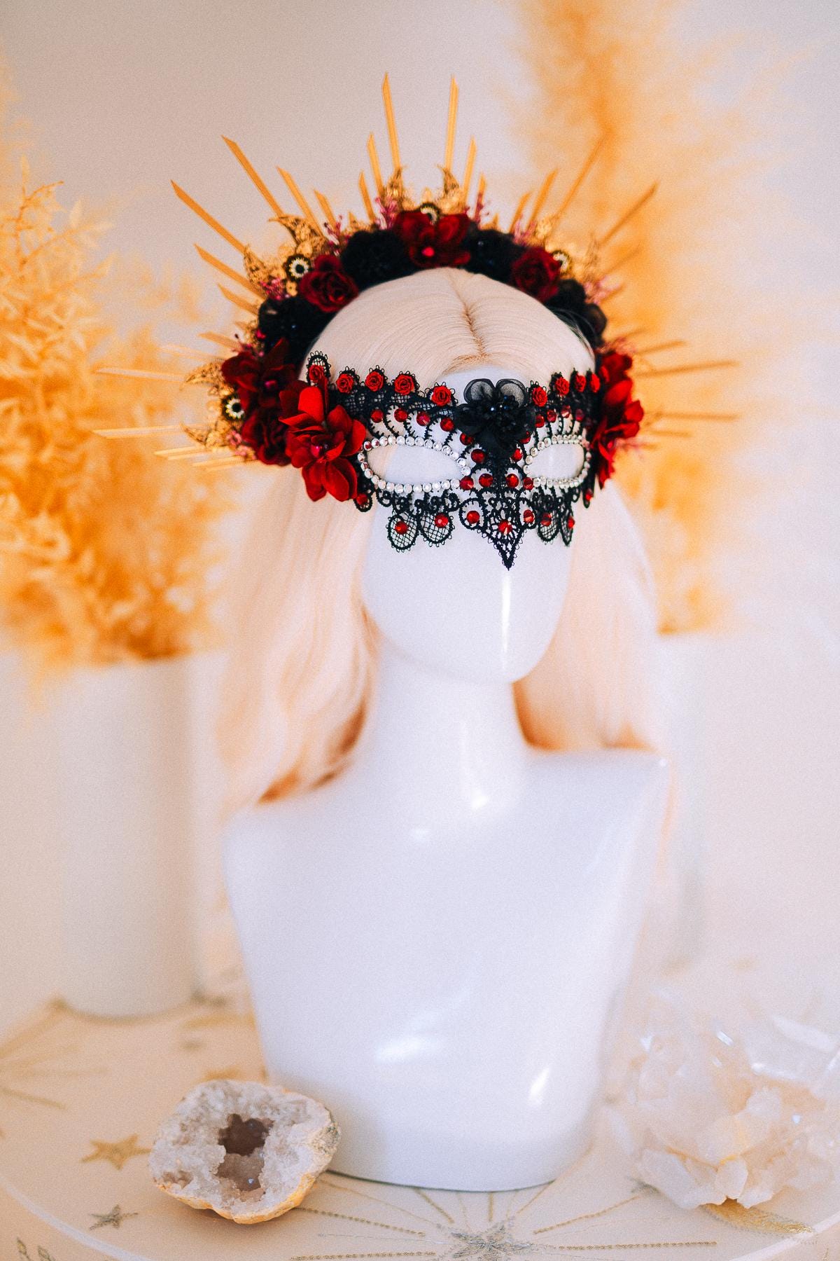 Burgundy Gold Crown Sunburst Tiara Masquerade Queen Headpiece